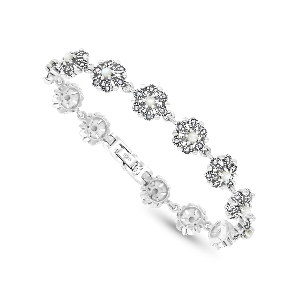 Sterling Silver 925 Set Embedded With Natural White Shell And Marcasite Stones