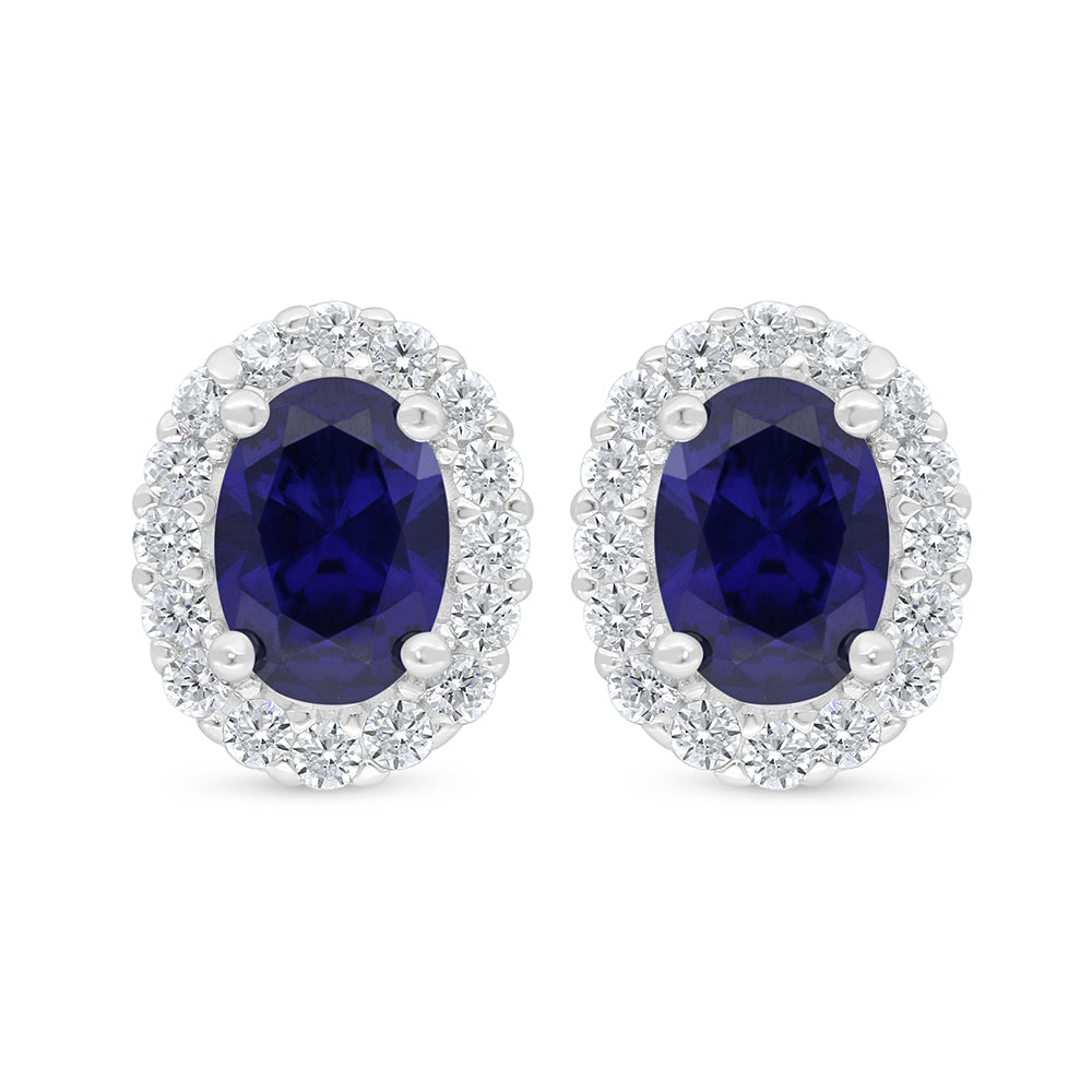 Sterling Silver 925 Earring Rhodium Plated Embedded With Sapphire Corundum And White Zircon