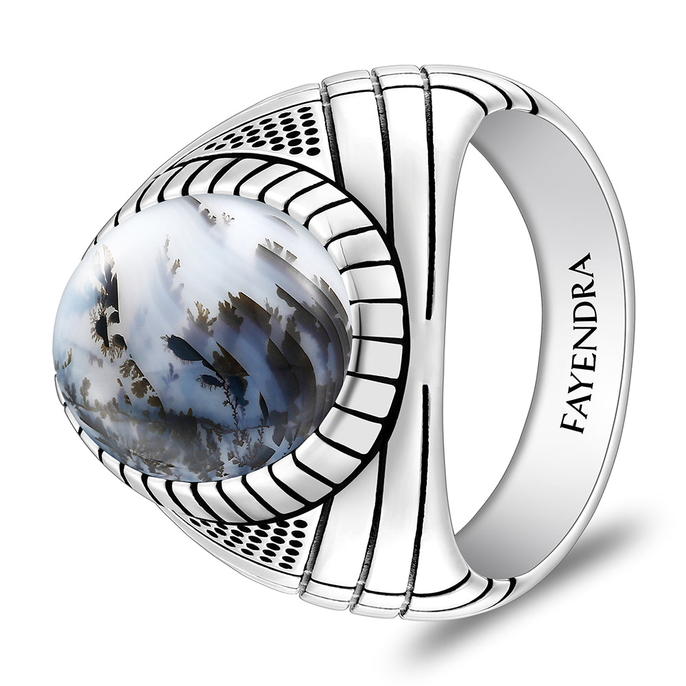 Sterling Silver 925 Ring Rhodium And Black Plated Embedded With Natural Agate Cabochon For Men