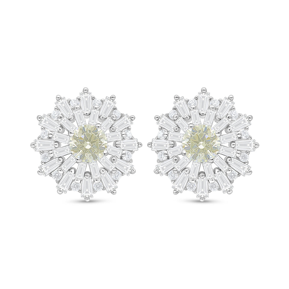 Sterling Silver 925 Earring Rhodium Plated Embedded With Yellow Diamond And White Zircon