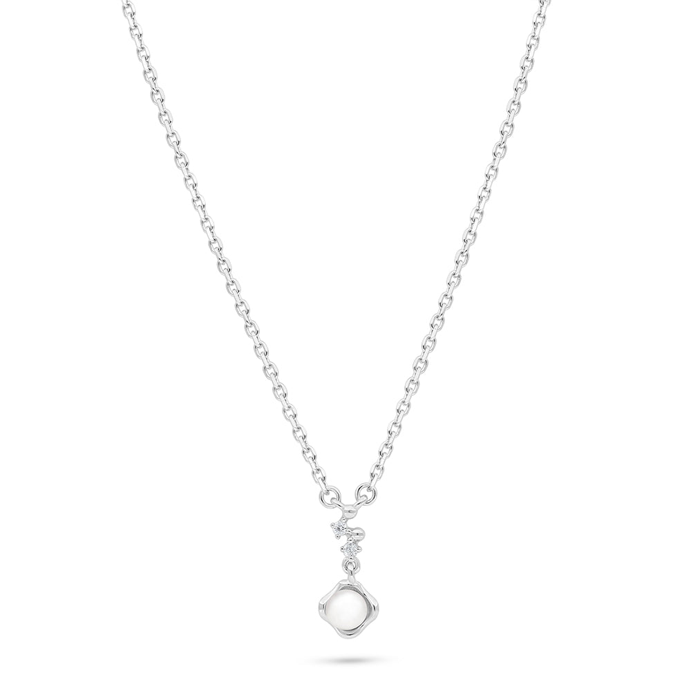 Sterling Silver 925 Necklace Rhodium Plated Embedded With Natural White Pearl And White Zircon
