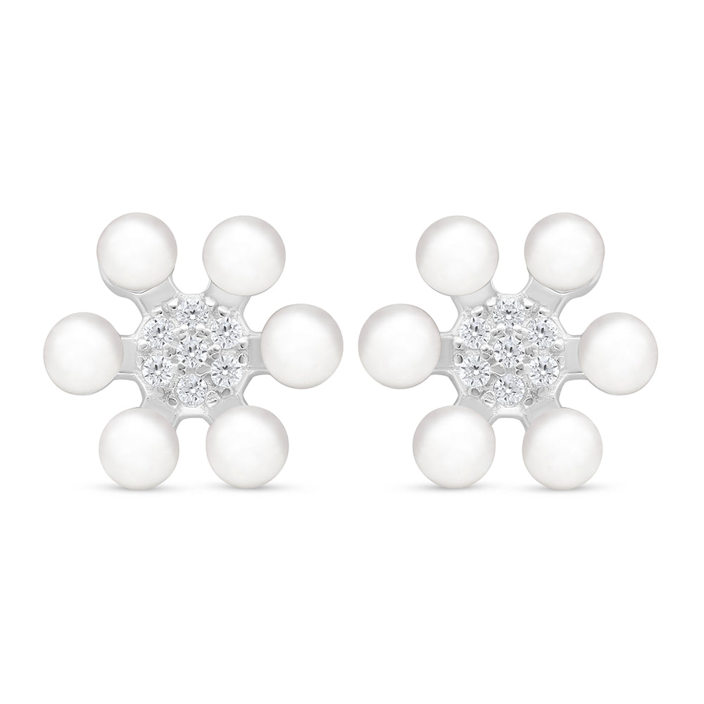 Sterling Silver 925 Earring Rhodium Plated Embedded With Natural White Pearl And White Zircon