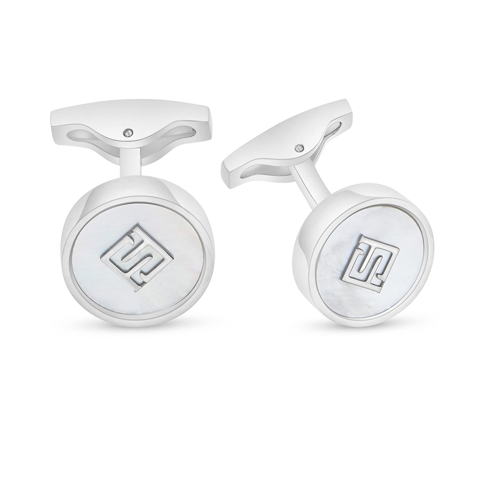 Stainless Steel Cufflink 316L Embedded With White Shell Shiny Steel