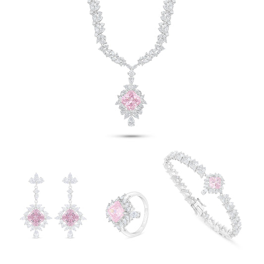 طقم من الفضة الخالصة عيار 925 مطلي روديوم مرصع احجار زركون بنك و فص ابيض