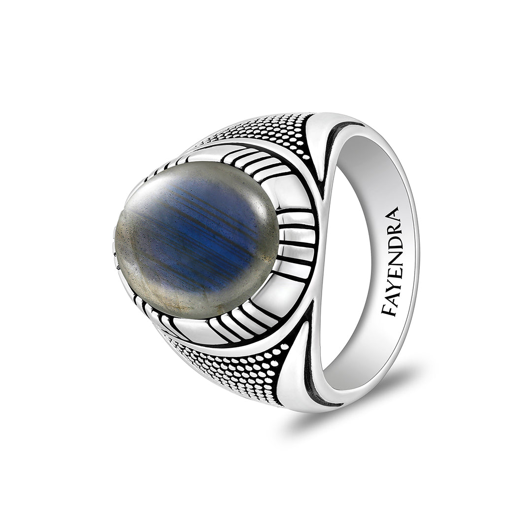 Sterling Silver 925 Ring Rhodium And Black Plated Embedded With Cabochon Labradorite For Men