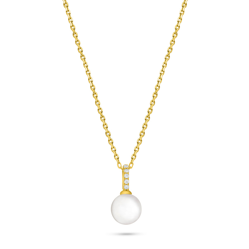 Sterling Silver 925 Necklace Golden Plated Embedded With Natural White Pearl And White Zircon