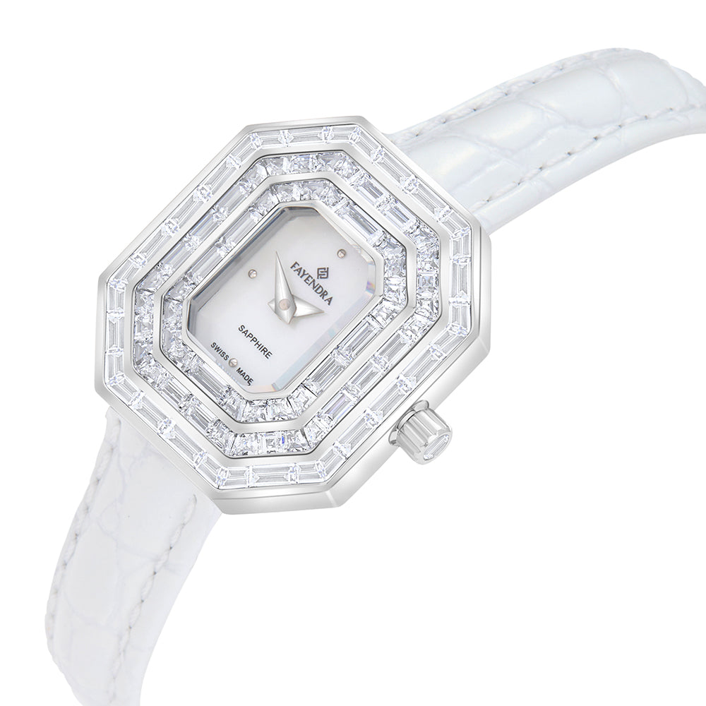 Stainless Steel 316L Watch Silver Color White Leather Embedded With White Zircon - WHITE MOP DIAL