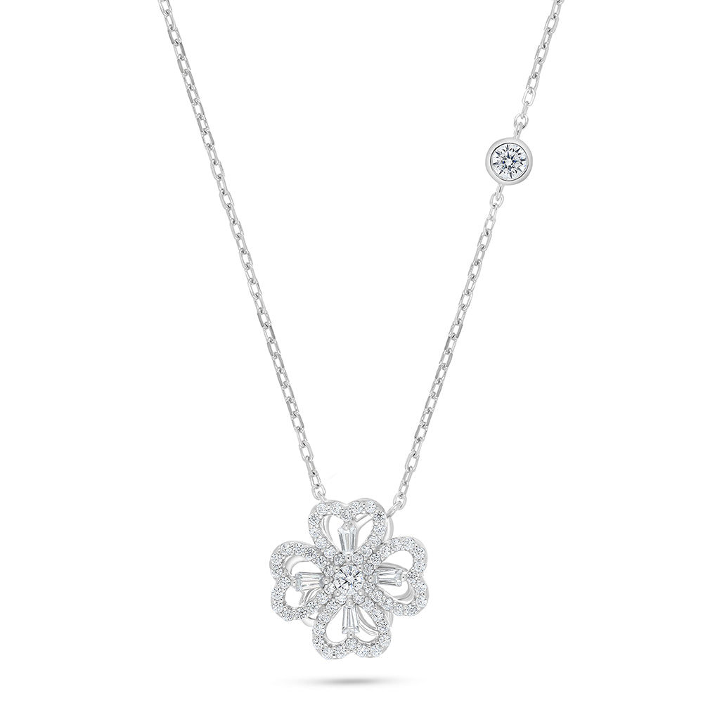 Sterling Silver 925 Necklace Rhodium Plated Embedded With White Zircon