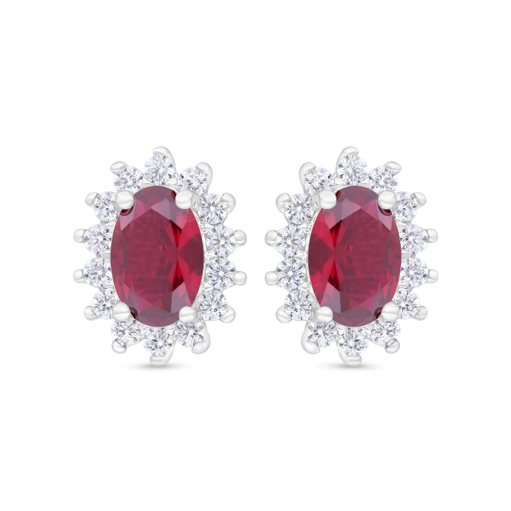 Sterling Silver 925 Earring Rhodium Plated Embedded With Ruby Corundum And White Zircon