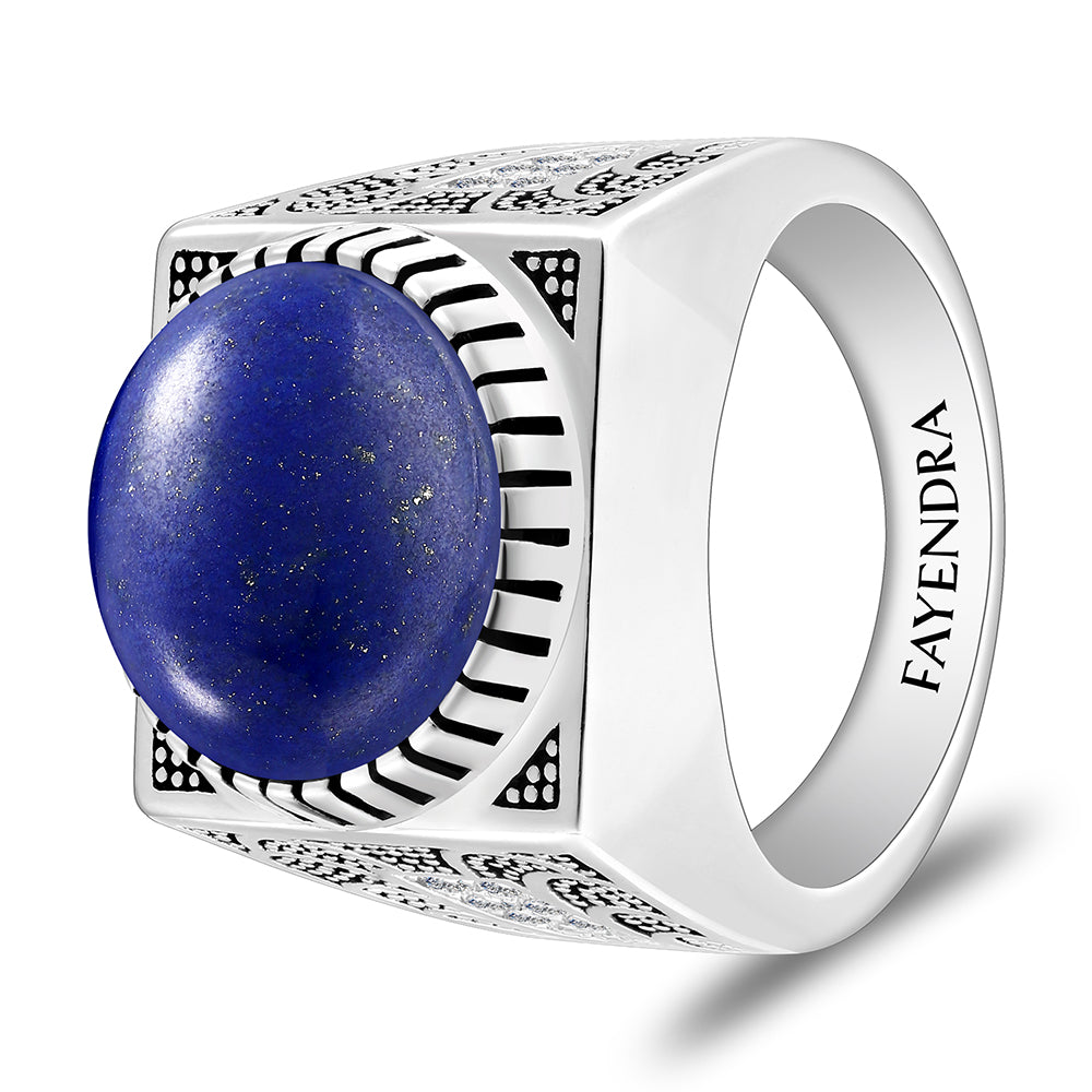 خاتم رجالي من الفضة الخالصة عيار925 مطلي روديوم و اسود مرصع احجار لابيس كابشون و فص ابيض