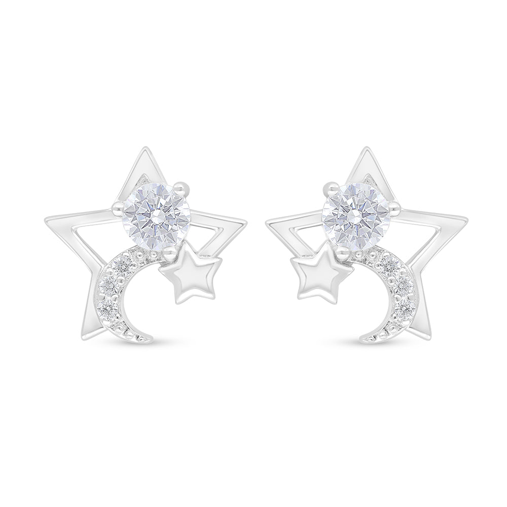 Sterling Silver 925 Earring Rhodium Plated Embedded With White Zircon