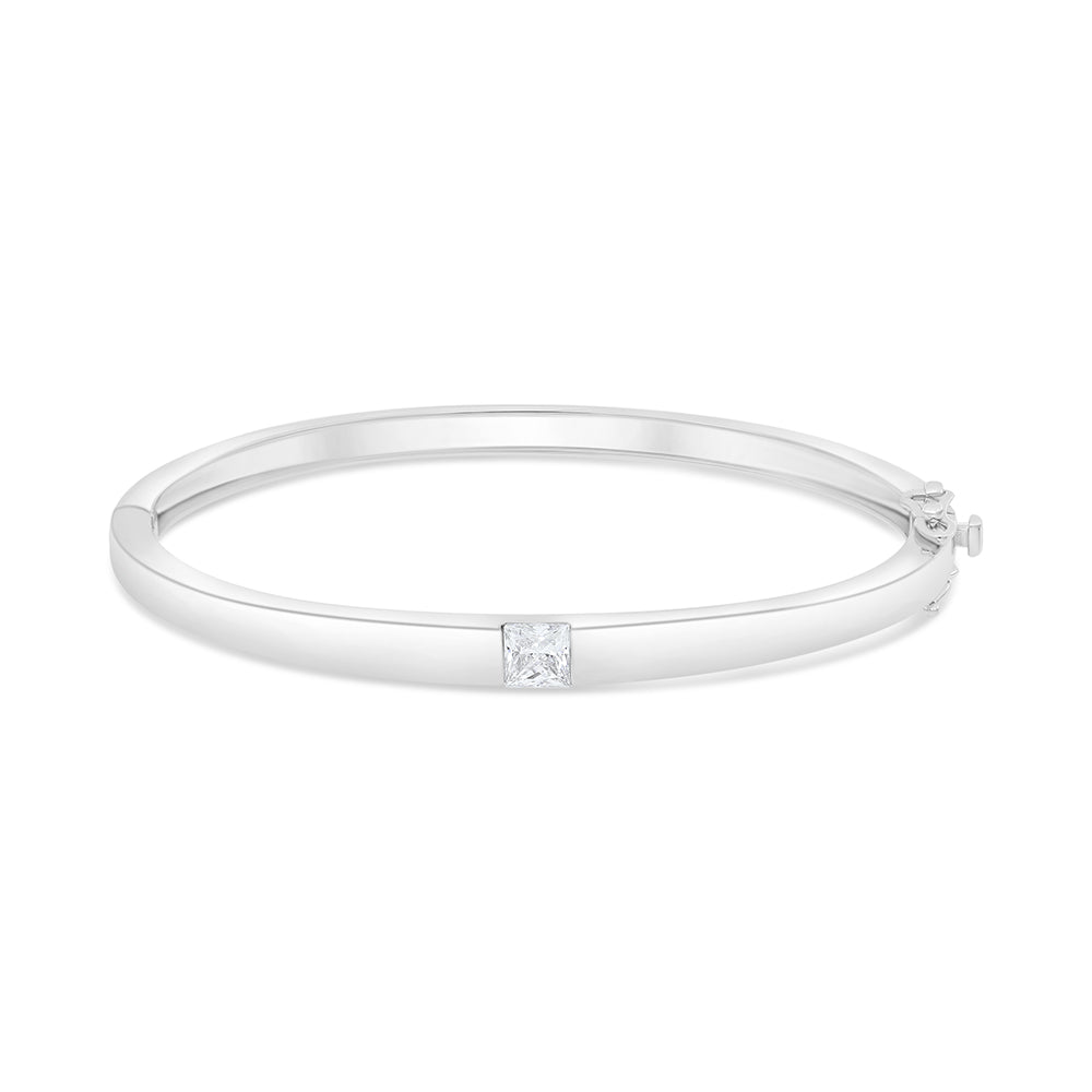 Sterling Silver 925 Bangle Rhodium Plated Embedded With White Zircon