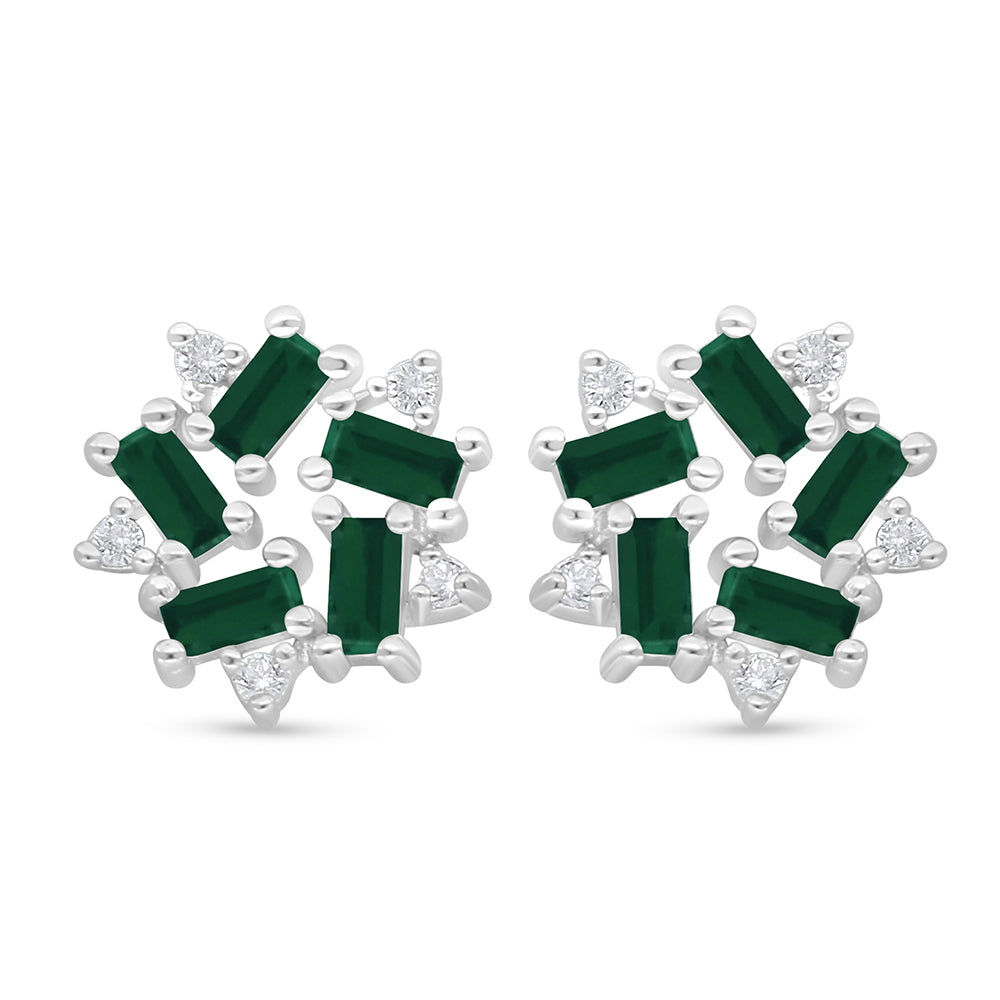 Sterling Silver 925 Earring Rhodium Plated Embedded With Emerald Zircon And White Zircon