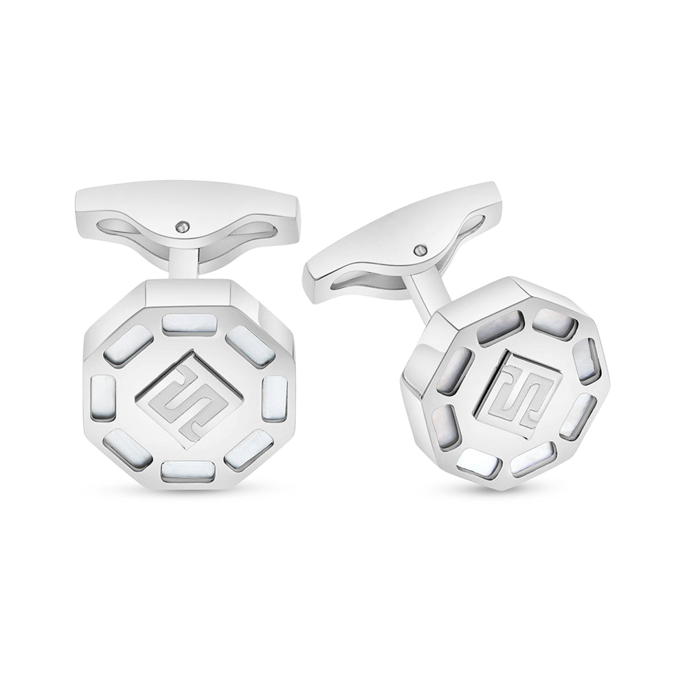 Stainless Steel Cufflink 316L Embedded With White Shell Shiny Steel