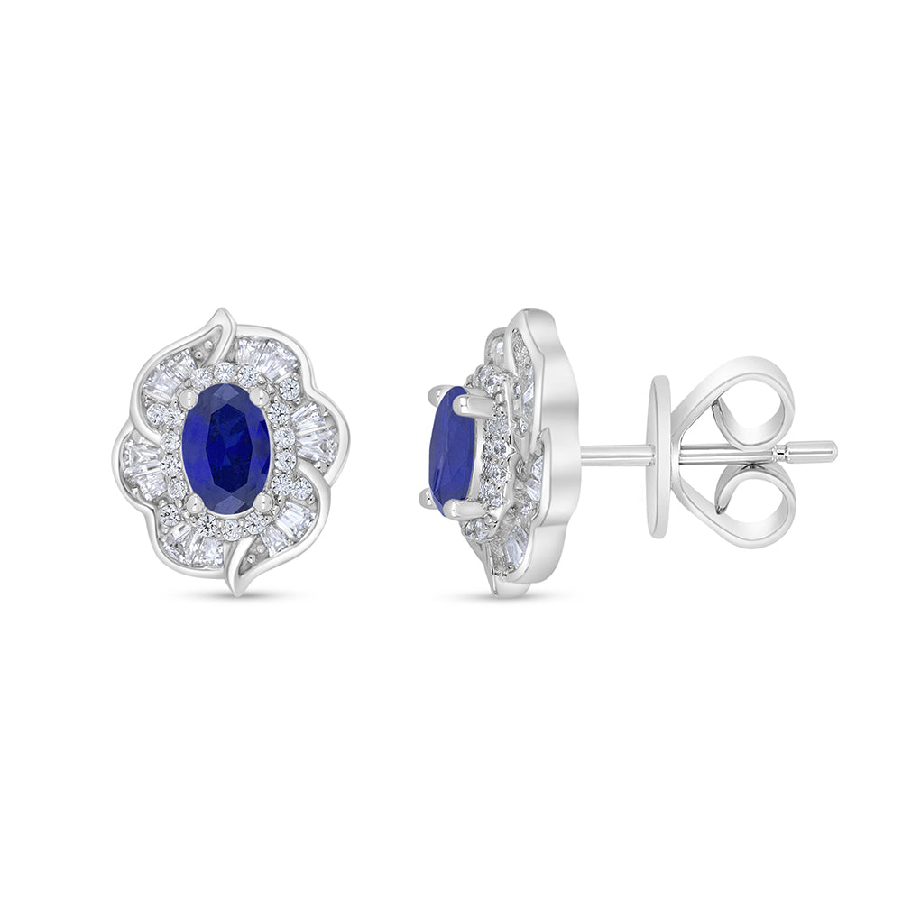 Sterling Silver 925 Earring Rhodium Plated Embedded With Sapphire Corundum And White Zircon