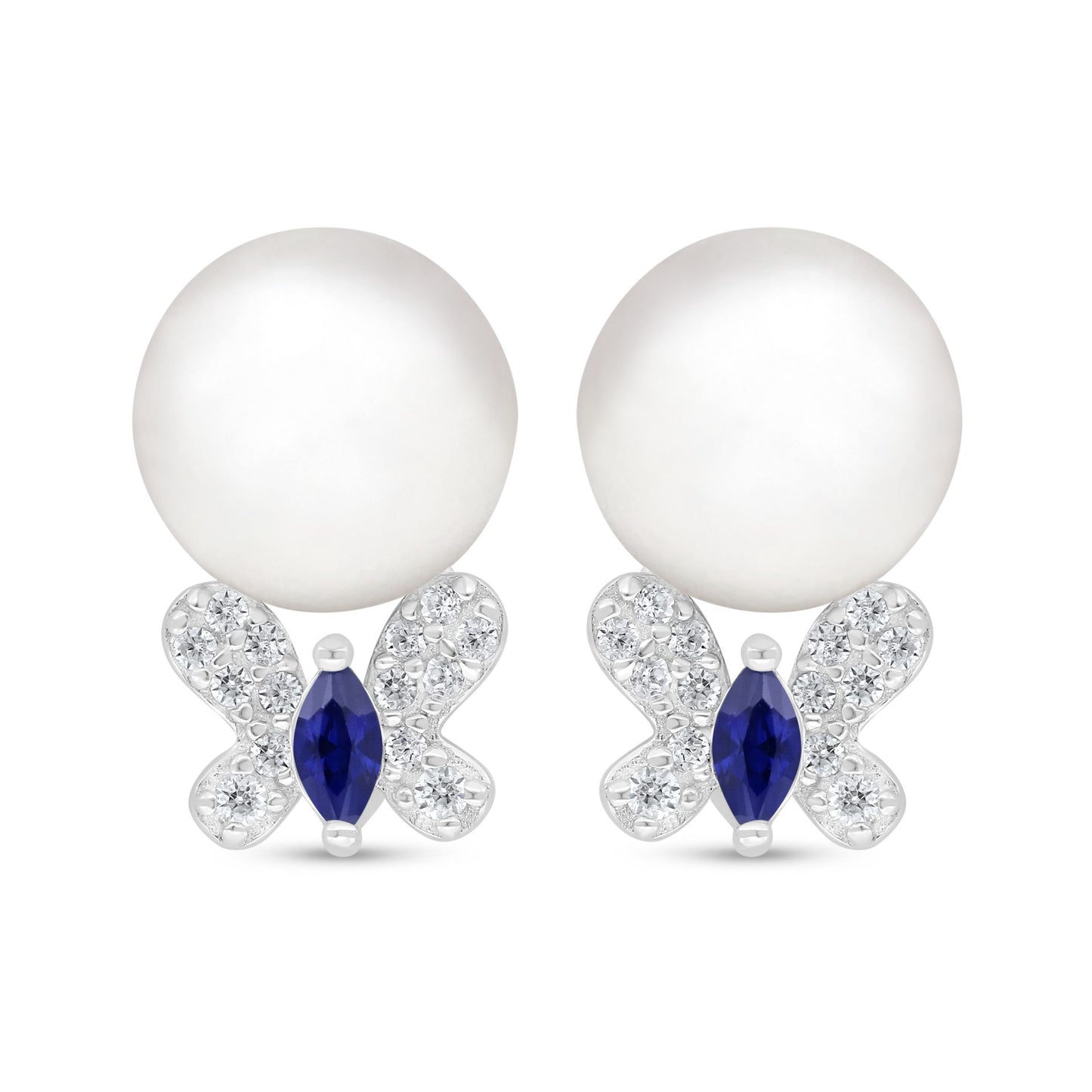 Sterling Silver 925 Earring Rhodium Plated Embedded With Natural White Pearl And Sapphire Corundum And White Zircon