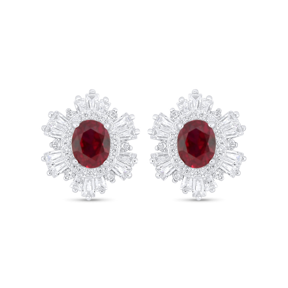 Sterling Silver 925 Earring Rhodium Plated Embedded With Ruby Corundum And White Zircon
