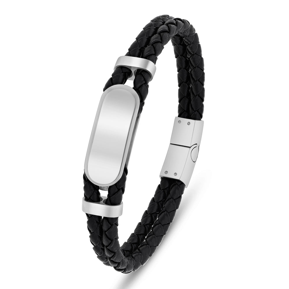 اسورة رجالي ستانلس ستيل لون فضي جلد اسود عيار 316L