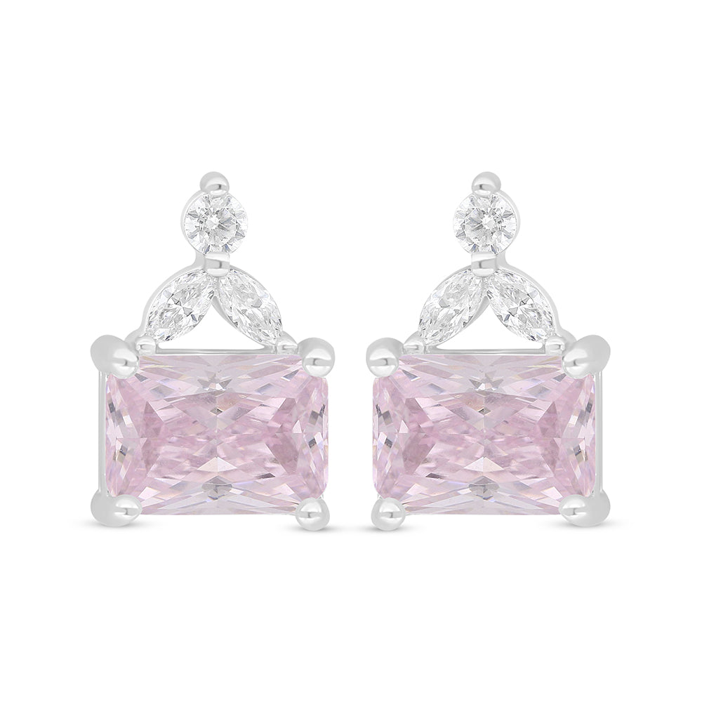 Sterling Silver 925 Earring Rhodium Plated Embedded With Pink Zircon And White Zircon