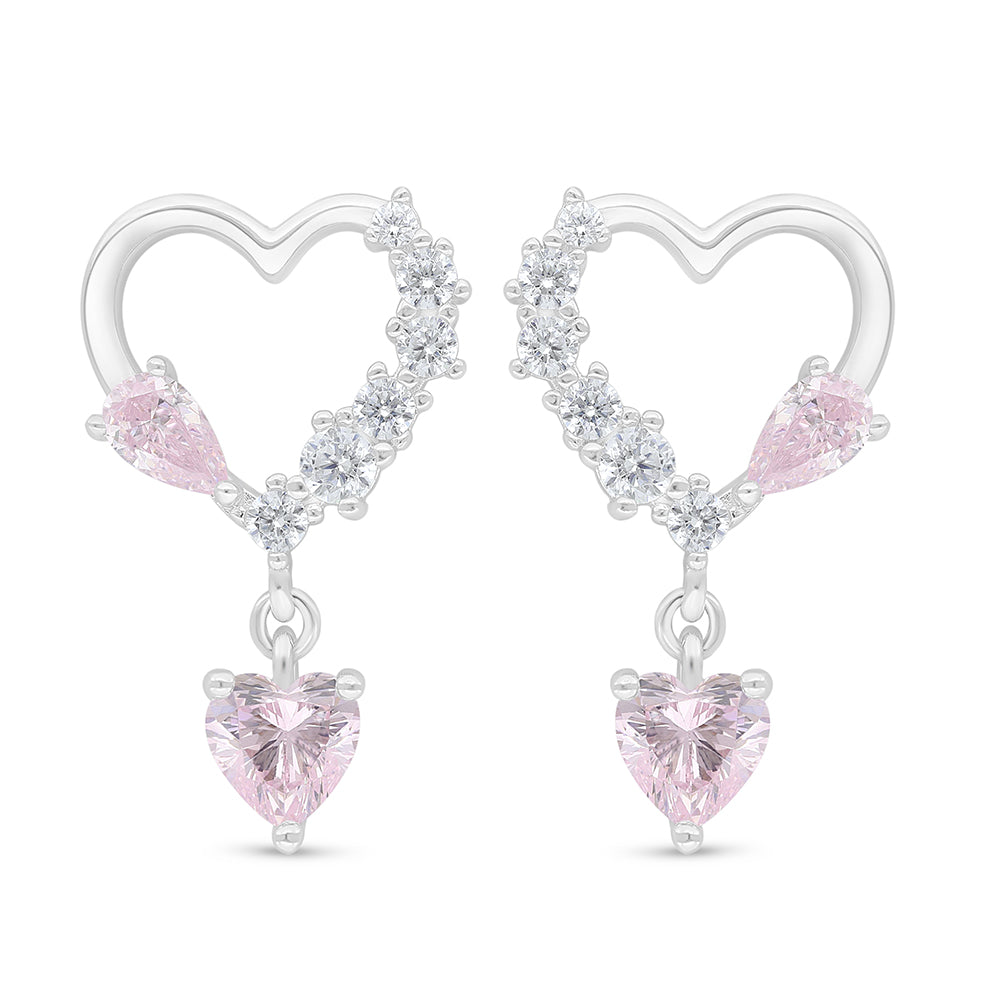 Sterling Silver 925 Earring Rhodium Plated Embedded With Pink Zircon And White Zircon