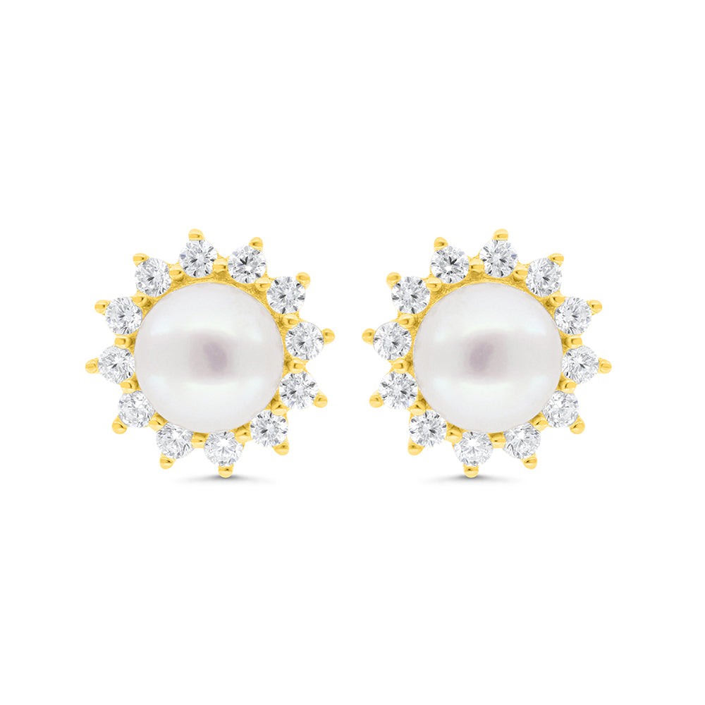 Sterling Silver 925 Earring Gold Plated Embedded With Natural White Pearl And White Zircon