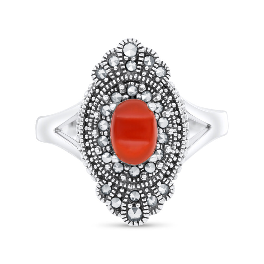Sterling Silver 925 Ring Embedded With Natural Aqiq And Marcasite Stones