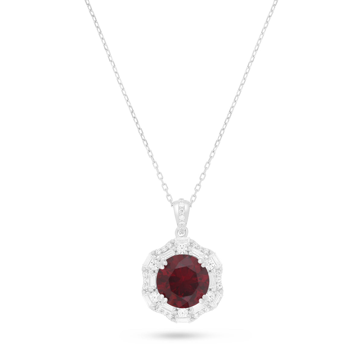 Sterling Silver 925 Necklace Rhodium Plated Embedded With Ruby Corundum And White Zircon
