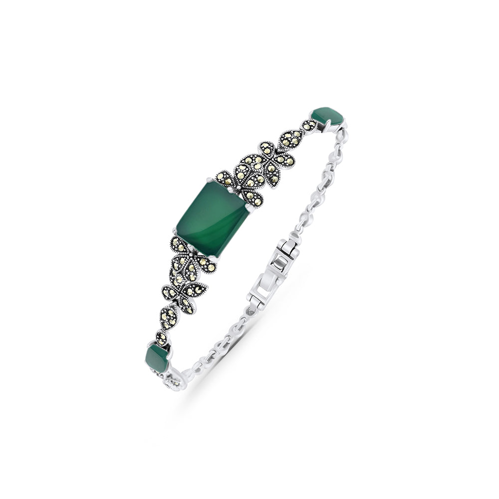 Sterling Silver 925 Bracelet Embedded With Natural Green Agate And Marcasite Stones