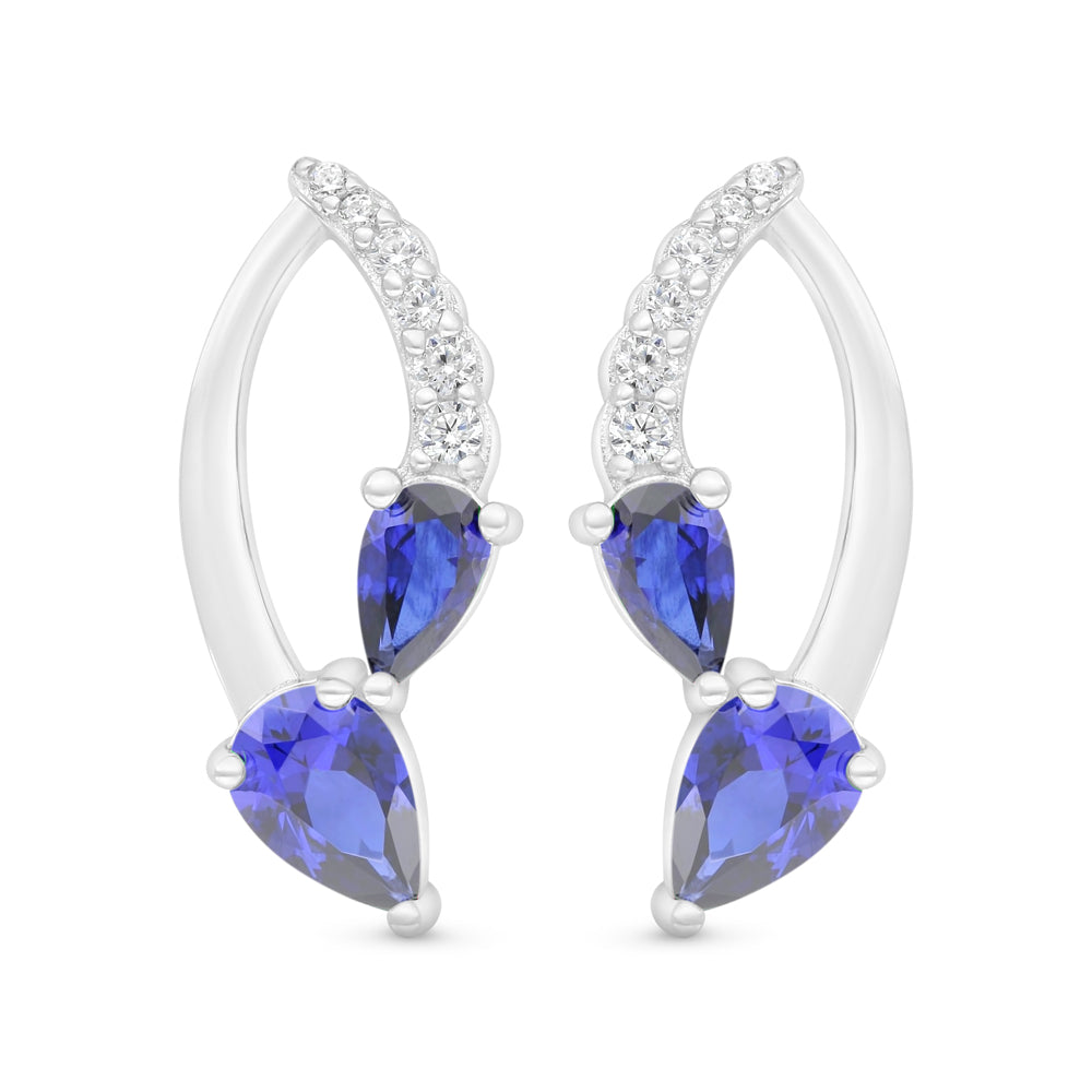 Sterling Silver 925 Earring Rhodium Plated Embedded With Sapphire Corundum And White Zircon
