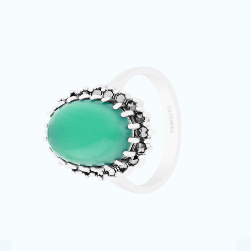 Sterling Silver 925 Ring Embedded With Natural Green Agate And Marcasite Stones