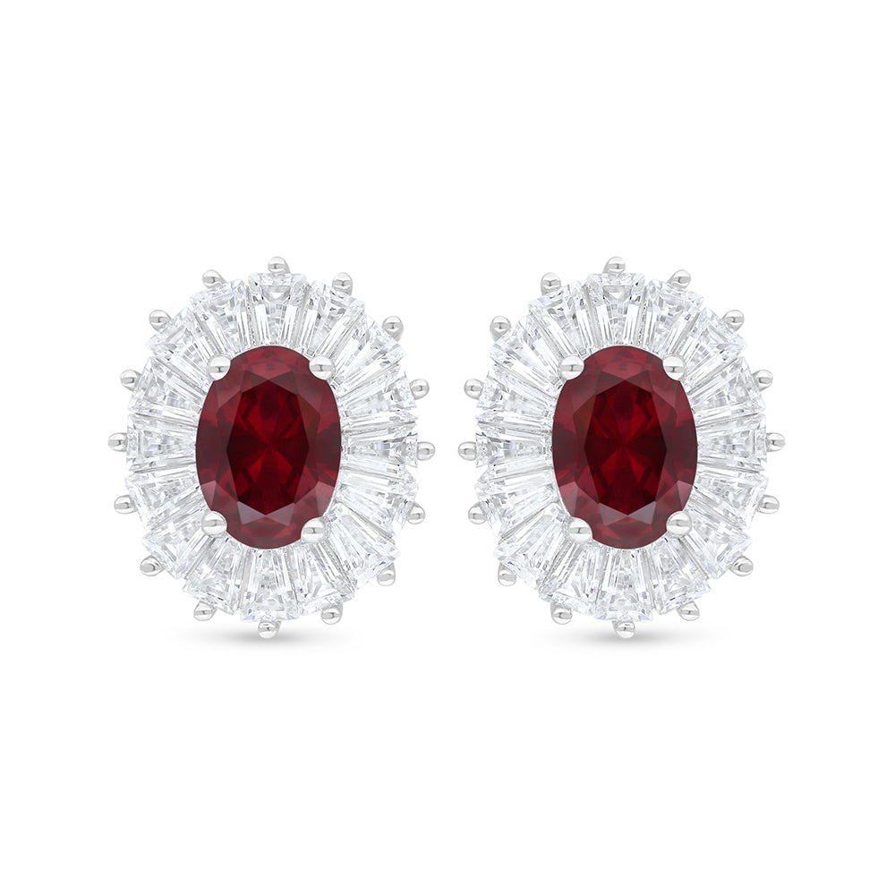 Sterling Silver 925 Earring Rhodium Plated Embedded With Ruby Corundum And White Zircon