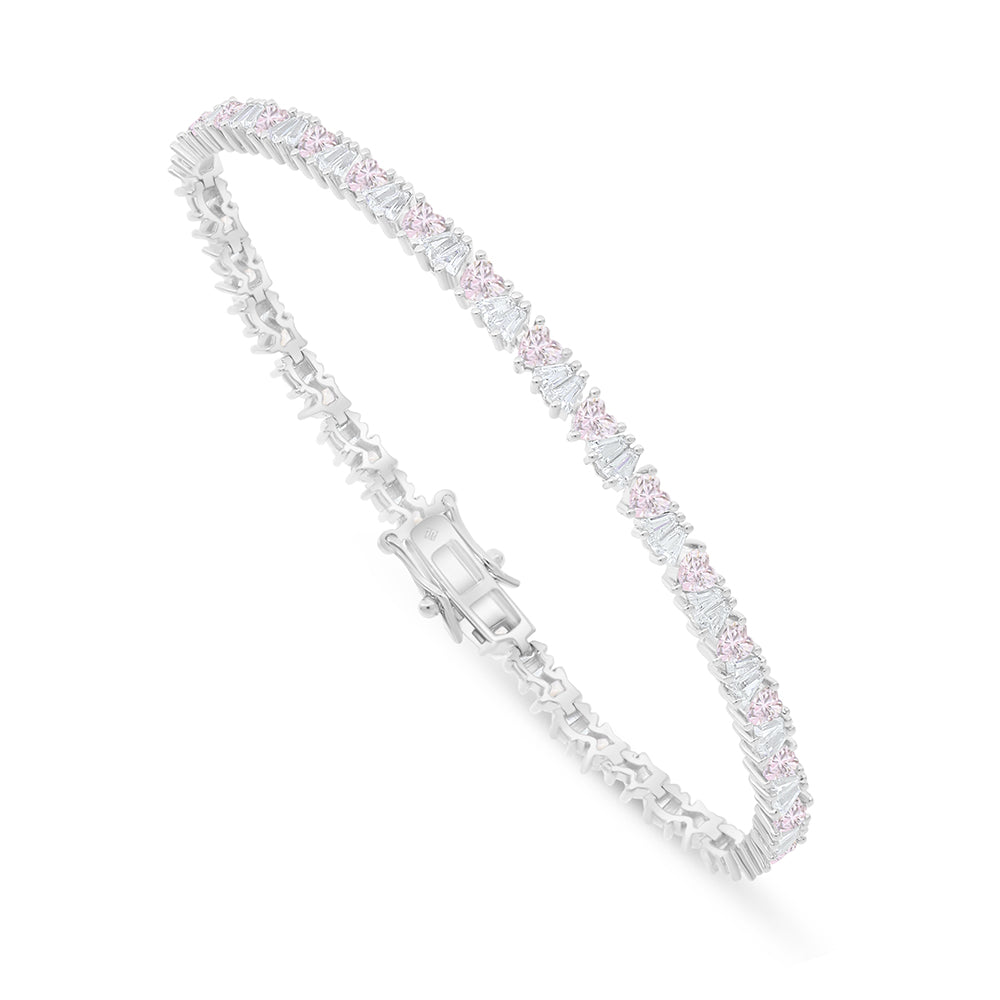 Sterling Silver 925 Bracelet Rhodium Plated Embedded With Pink Zircon And White Zircon