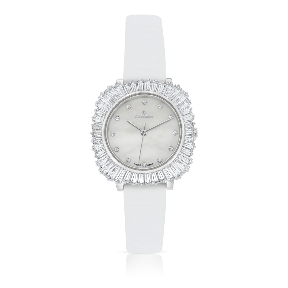 Stainless Steel 316 Watch Silver Plated And White Leather Embedded With White Zircon - MOP DIAL