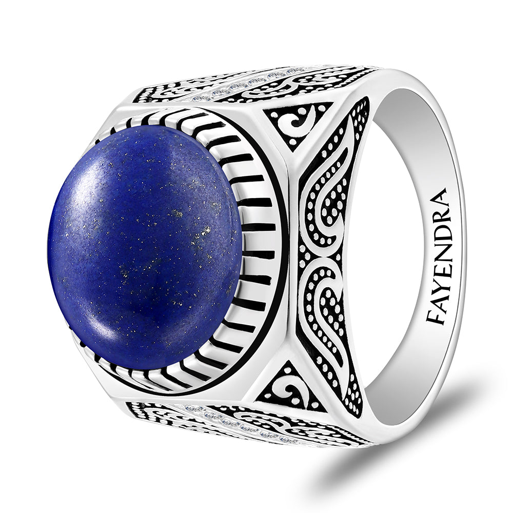 خاتم رجالي من الفضة الخالصة عيار925 مطلي روديوم و اسود مرصع احجار لابيس كابشون و فص ابيض