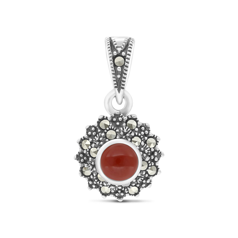 Sterling Silver 925 Pendant Embedded With Natural Aqiq And Marcasite Stones