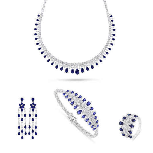 Sterling Silver 925 SET Rhodium Plated Embedded With Sapphire Corundum And White Zircon