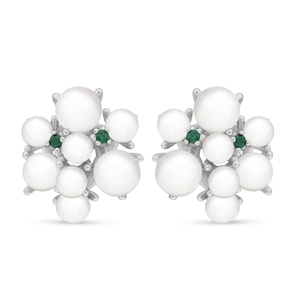 Sterling Silver 925 Earring Rhodium Plated Embedded With Natural White Pearl And Emerald Zircon And White Zircon