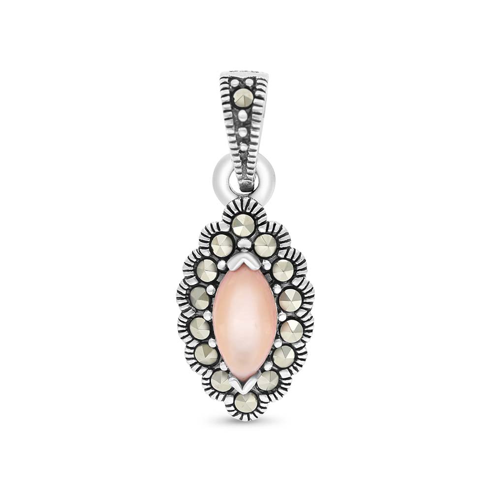 Sterling Silver 925 Pendant Embedded With Natural Pink Shell And Marcasite Stones