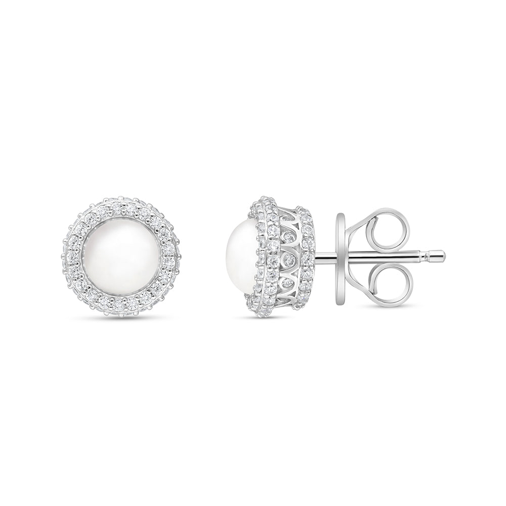 Sterling Silver 925 Earring Rhodium Plated Embedded With Natural White Pearl And White Zircon