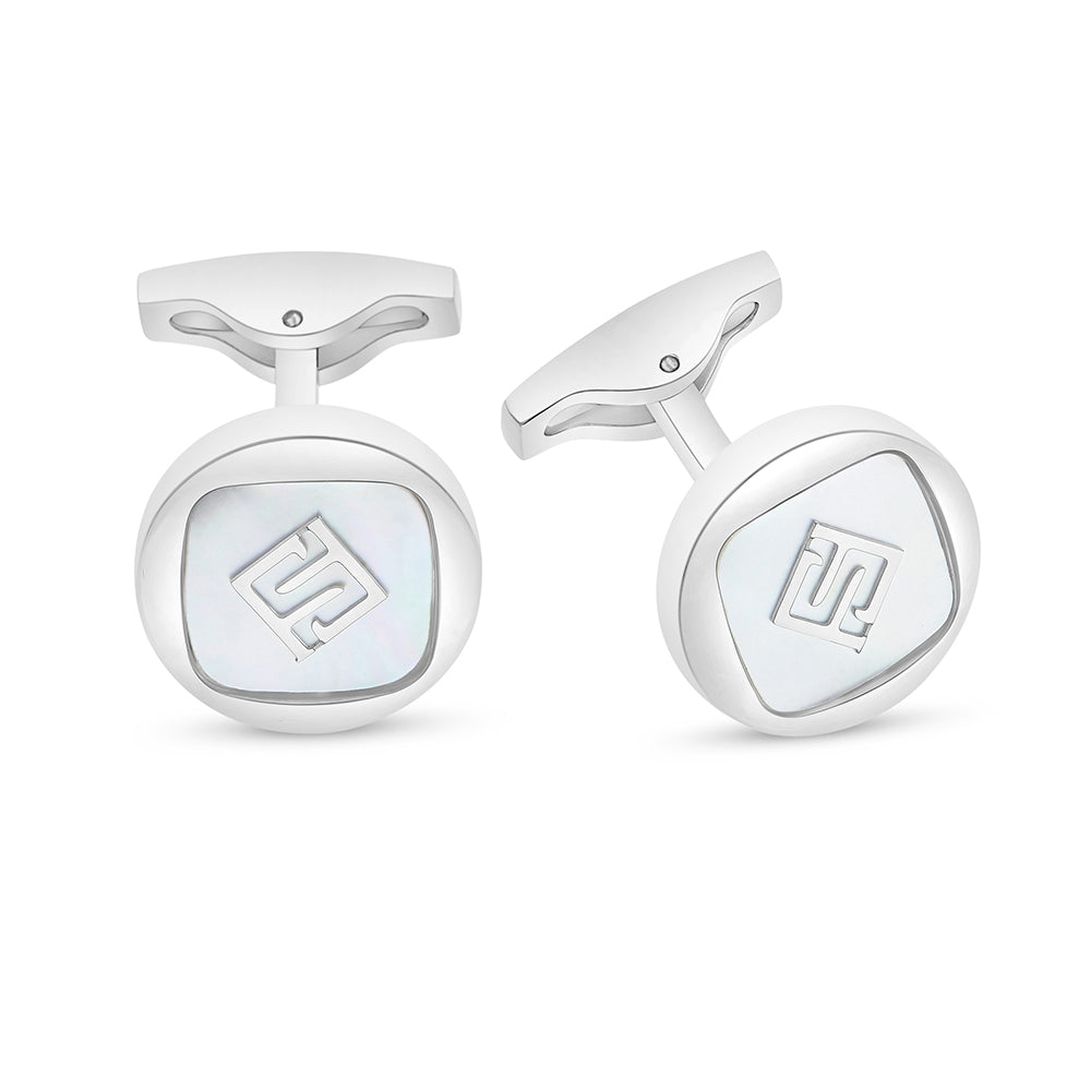 Stainless Steel Cufflink 316L Embedded With White Shell Shiny Steel