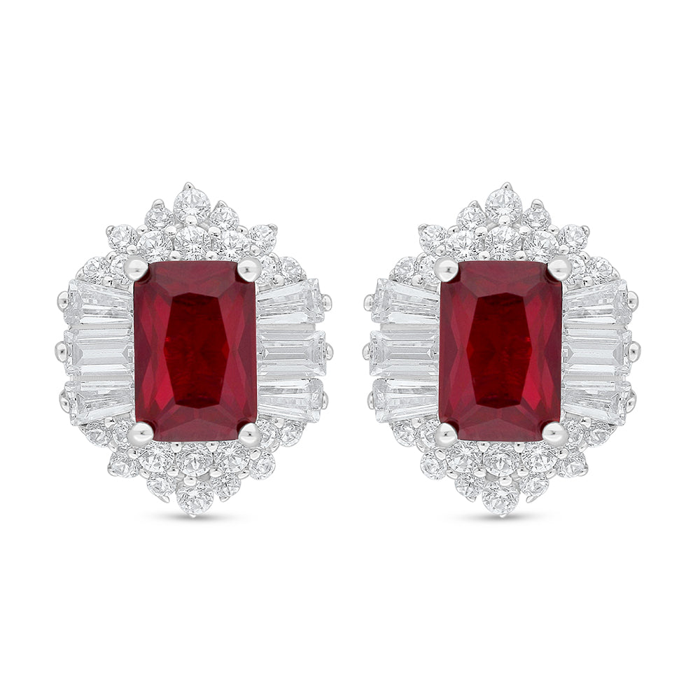 Sterling Silver 925 Earring Rhodium Plated Embedded With Ruby Corundum And White Zircon