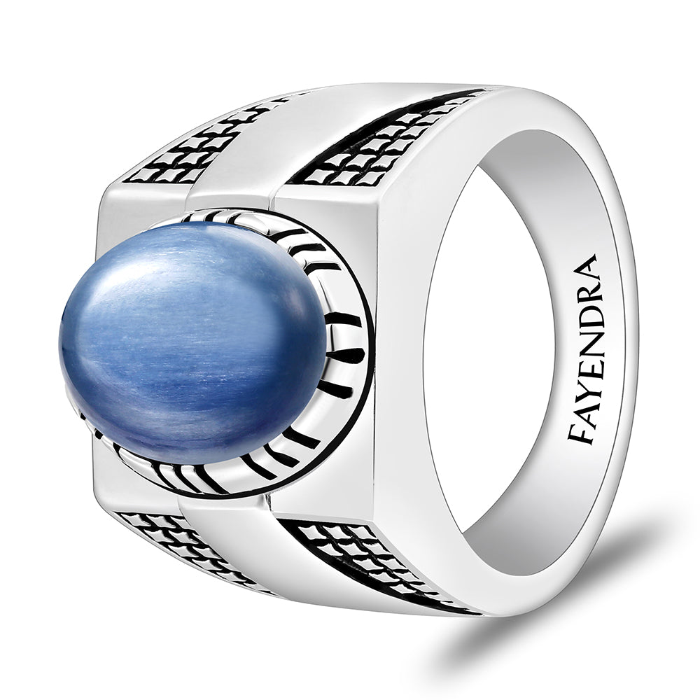 خاتم رجالي من الفضة الخالصة عيار 925 مطلي روديوم و اسود مرصع احجار كيانيت طبيعي كابشون