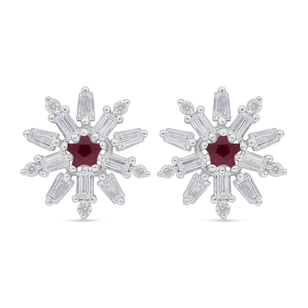Sterling Silver 925 Earring Rhodium Plated Embedded With Ruby Corundum And White Zircon