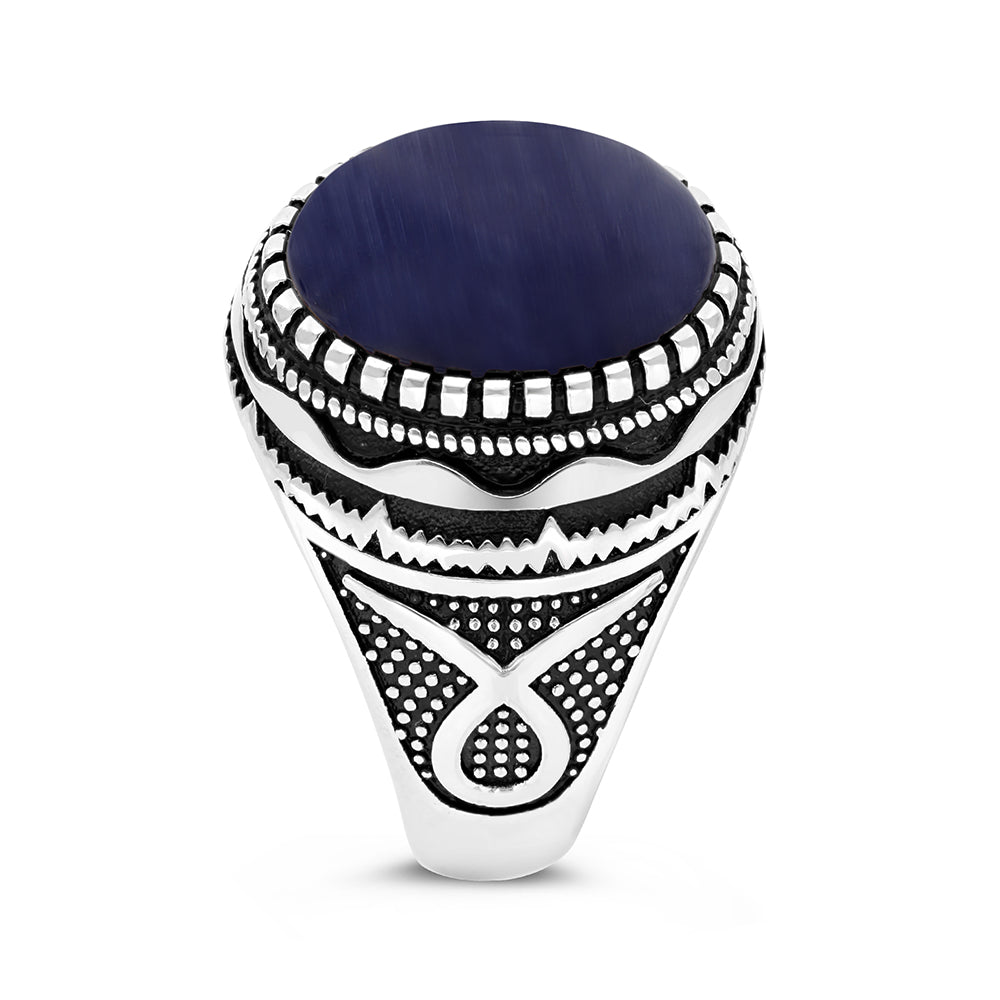 خاتم رجالي فضة عيار 925 مطلي روديوم احجار عين النمر ازرق