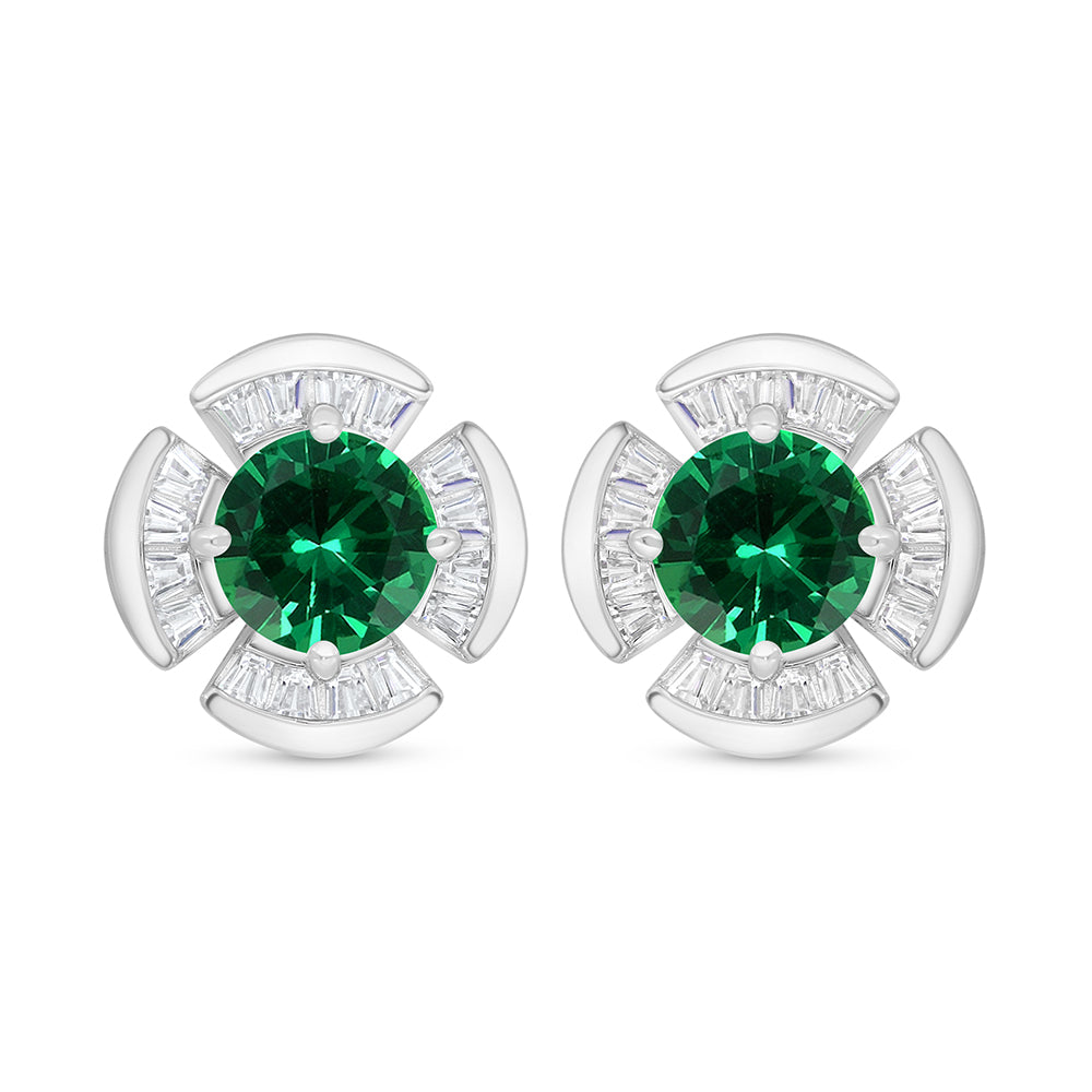 Sterling Silver 925 Earring Rhodium Plated Embedded With Emerald Zircon And White Zircon