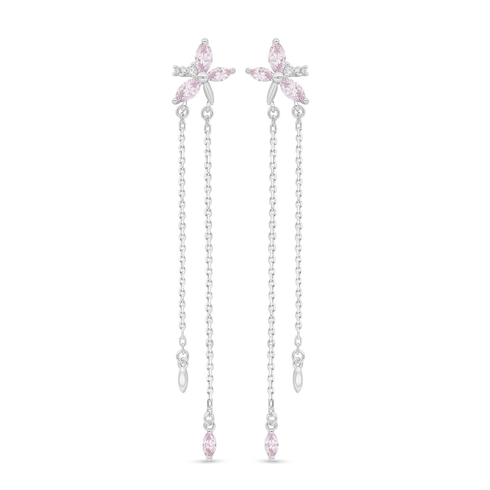 Sterling Silver 925 Earring Rhodium Plated Embedded With Pink Zircon And White Zircon