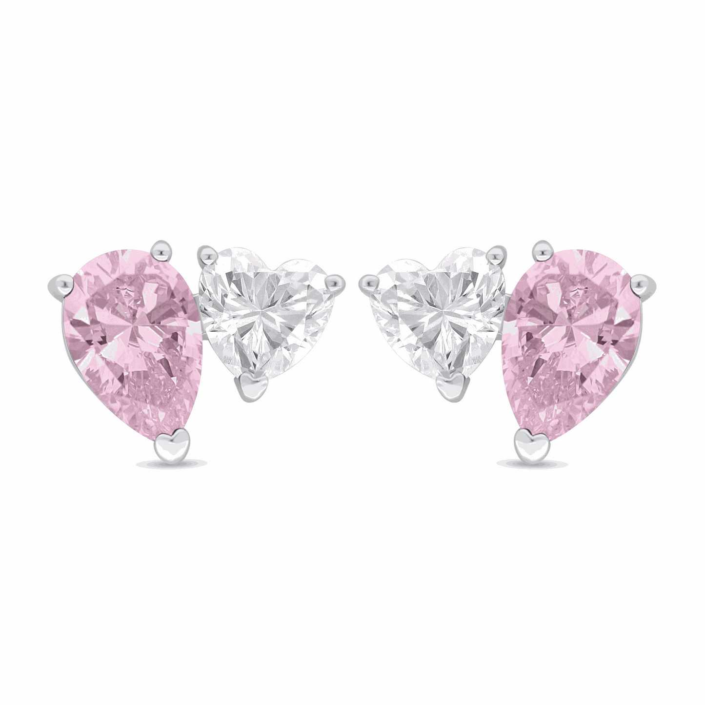 Sterling Silver 925 Earring Rhodium Plated Embedded With Pink Zircon And White Zircon