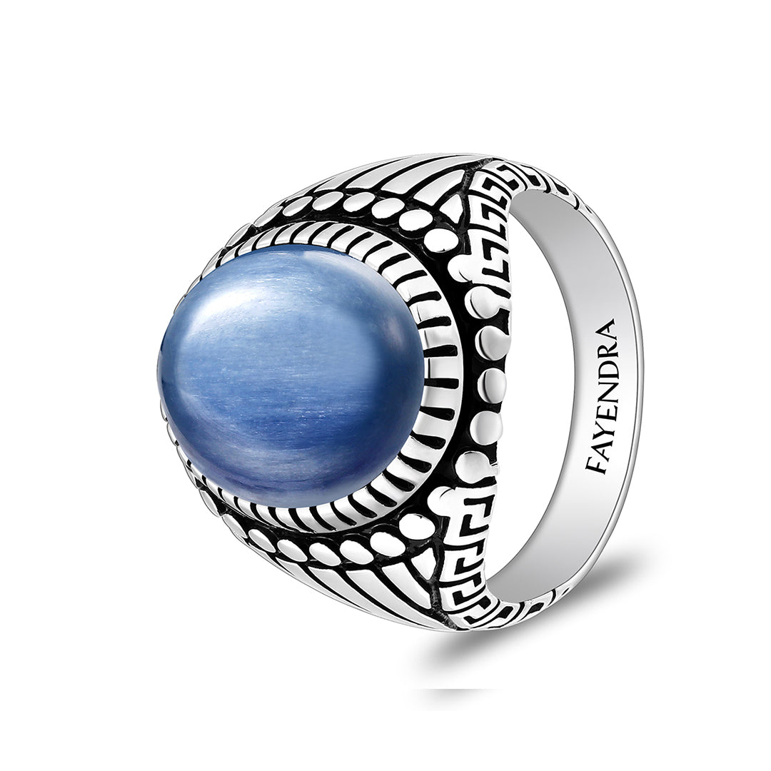 Sterling Silver 925 Ring Rhodium And Black Plated Embedded With Natural Kyanite Cabochon For Men