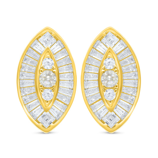 اقراط من الفضة الخالصة عيار 925 مطلي ذهبي مرصع  زركون الكناري الالماسي و فص ابيض