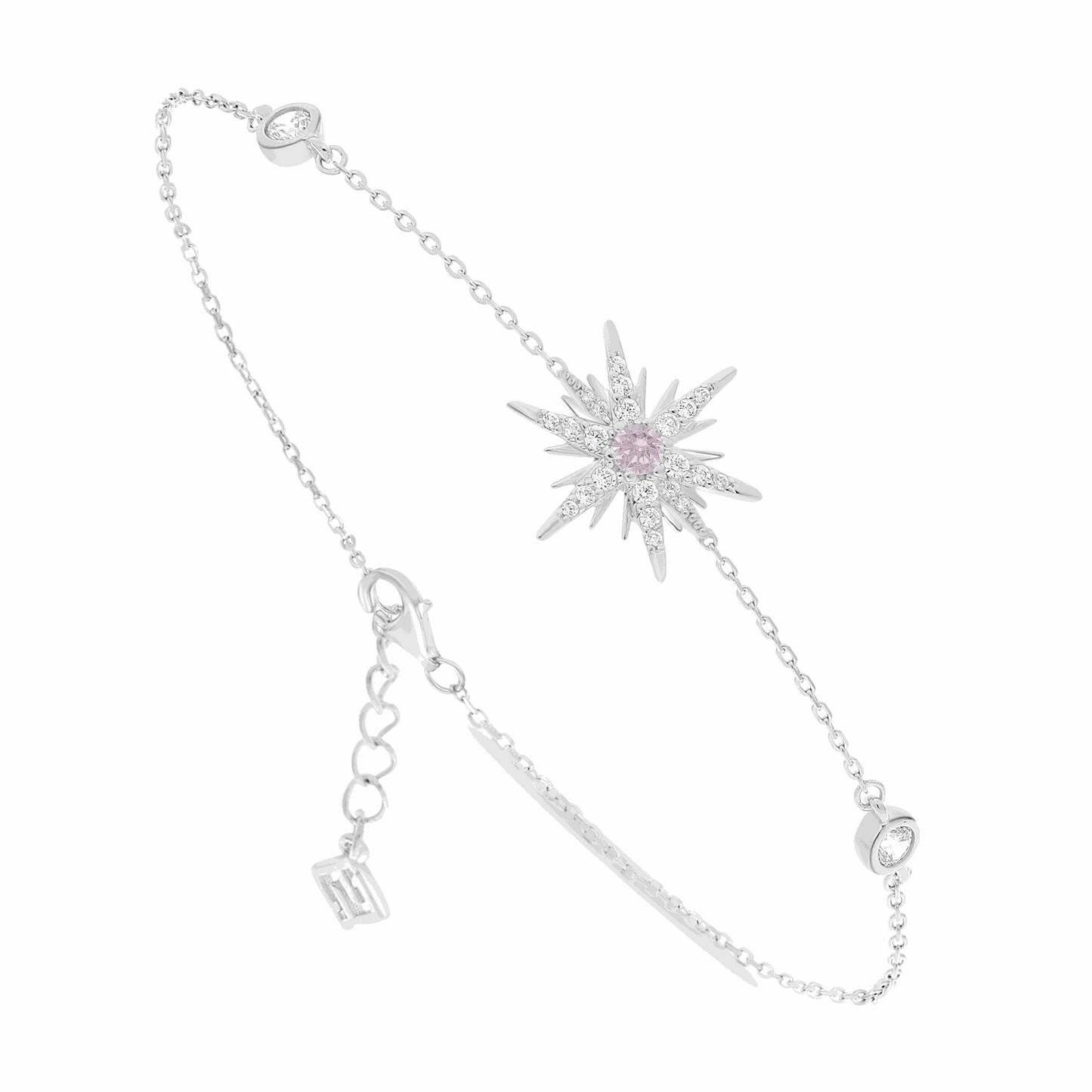 Sterling Silver 925 Bracelet Rhodium Plated Embedded With Pink Zircon And White Zircon